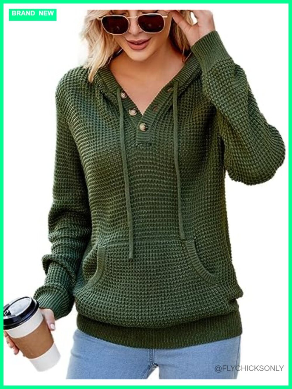 Women's Waffle Knit Hoodie Sweater V Neck Pullover with Pocket
